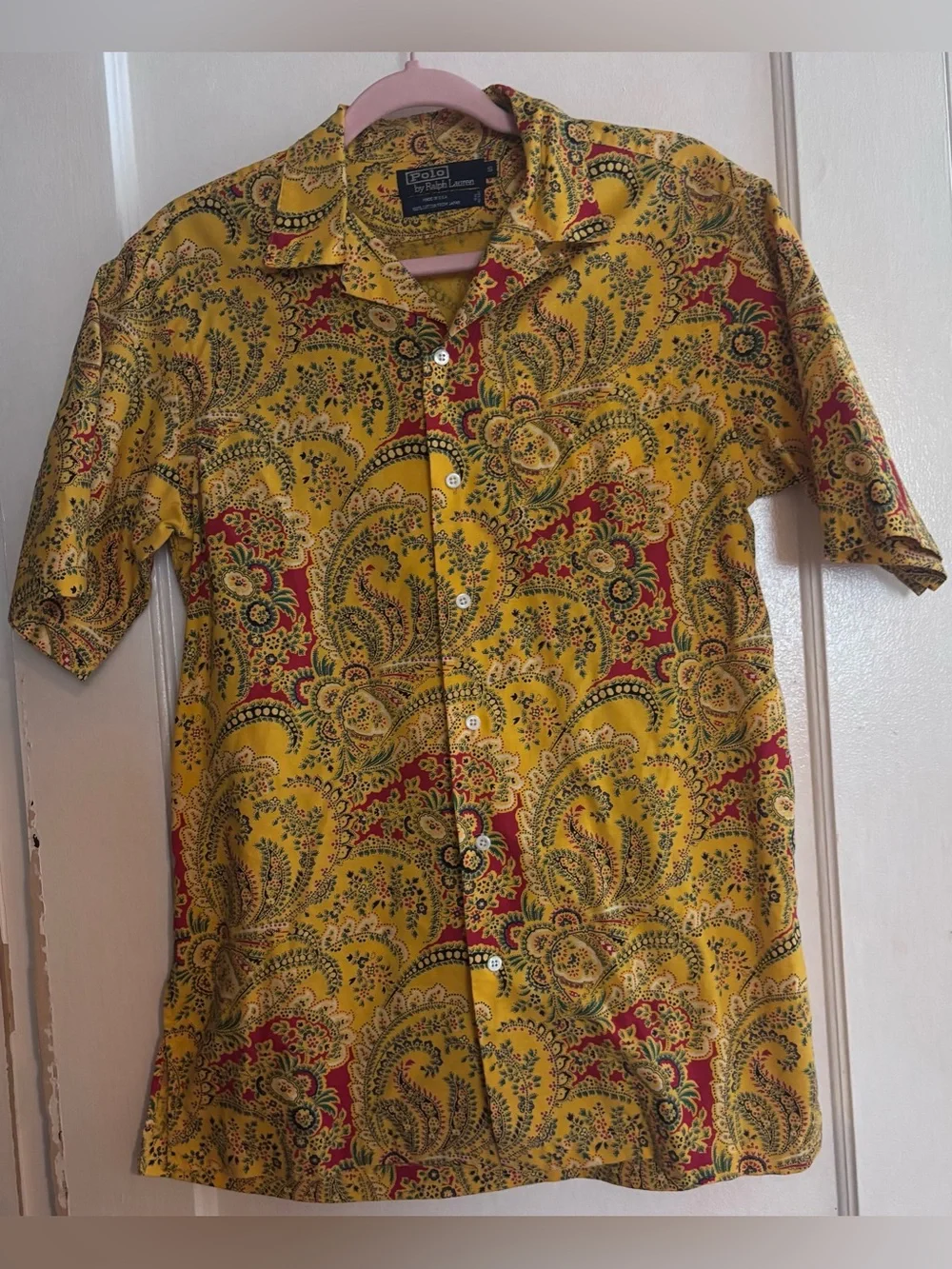 Vintage Polo Ralph Lauren Paisley Camp Shirt Yellow Cotton Button Up Made USA S